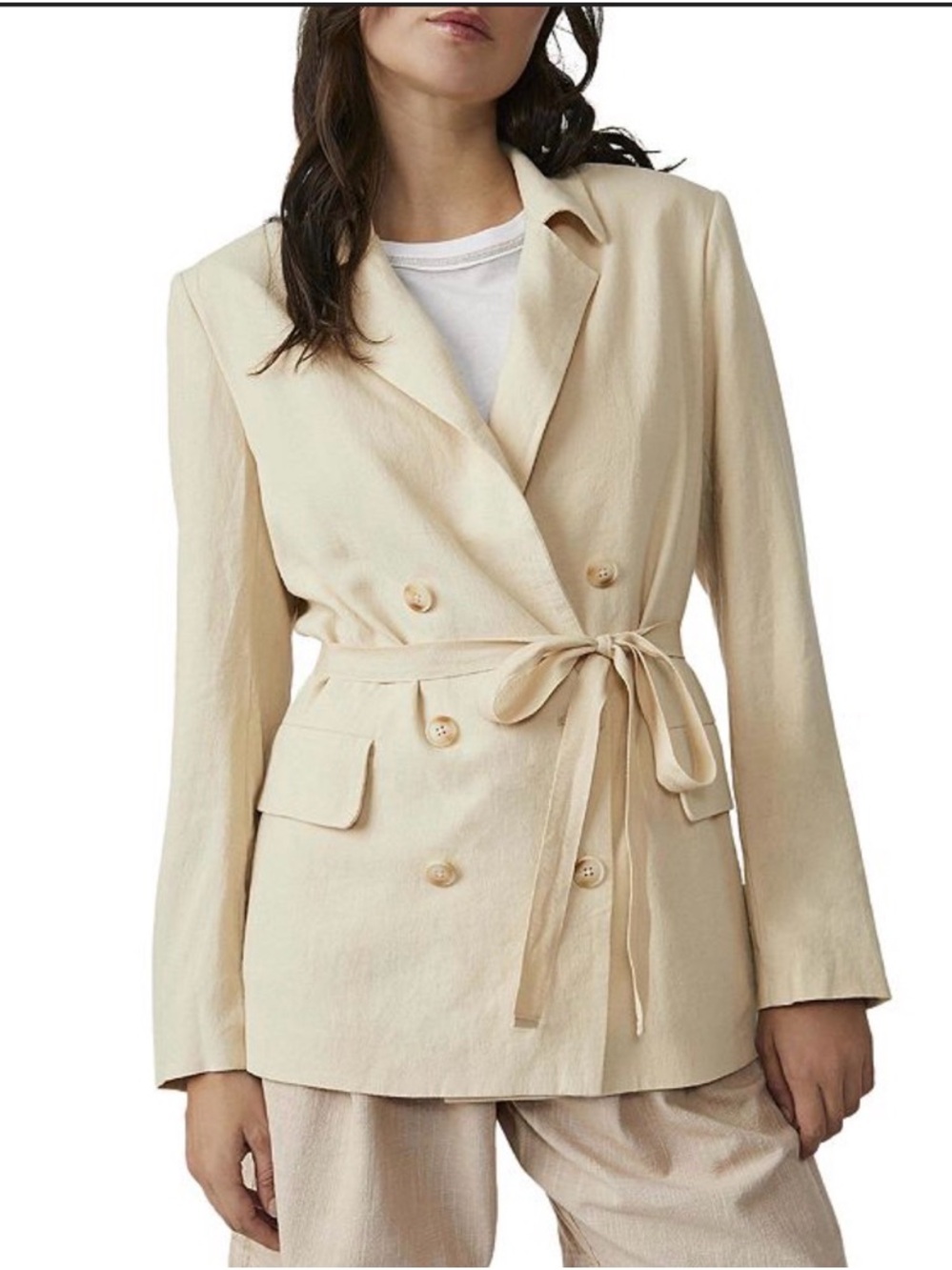 Free People Beige Linen Double-Breasted Blazer Jacket with Belt Size Large
